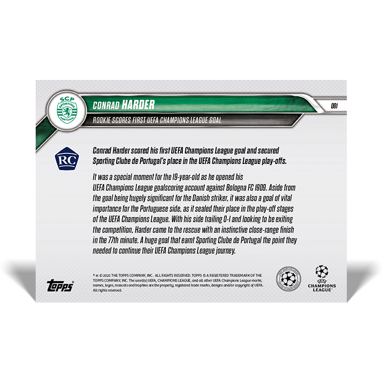 Conrad Harder - Rookie scores first UEFA Champions League goal - 24/25 UCL Topps NOW Card 91 - PR: 240 - Image 2