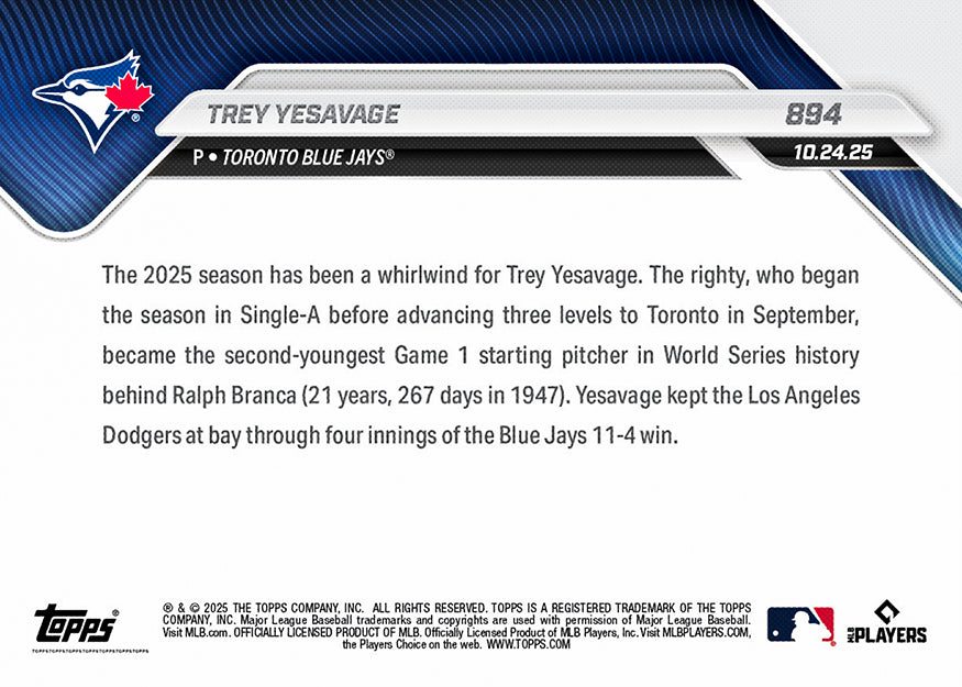 Alternative view of Trey Yesavage - 2025 MLB Topps NOW - Card 894 - PR: 1998