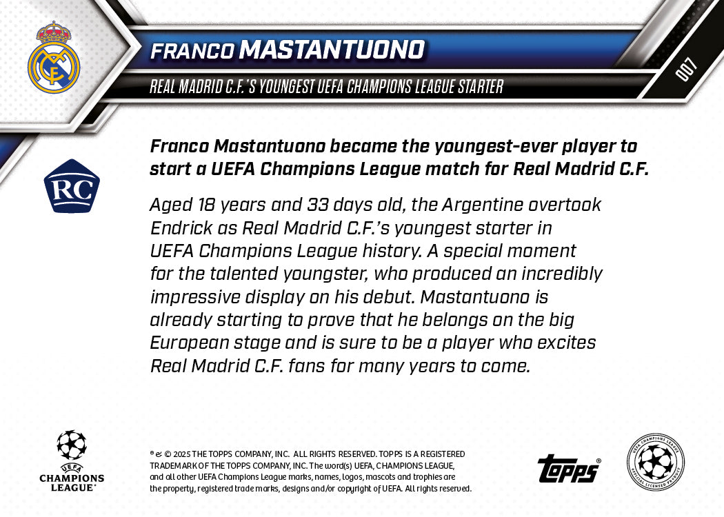 Franco Mastantuono - 2025-26 UCL Topps NOW Card 7 - PR: 4205 - Image 7
