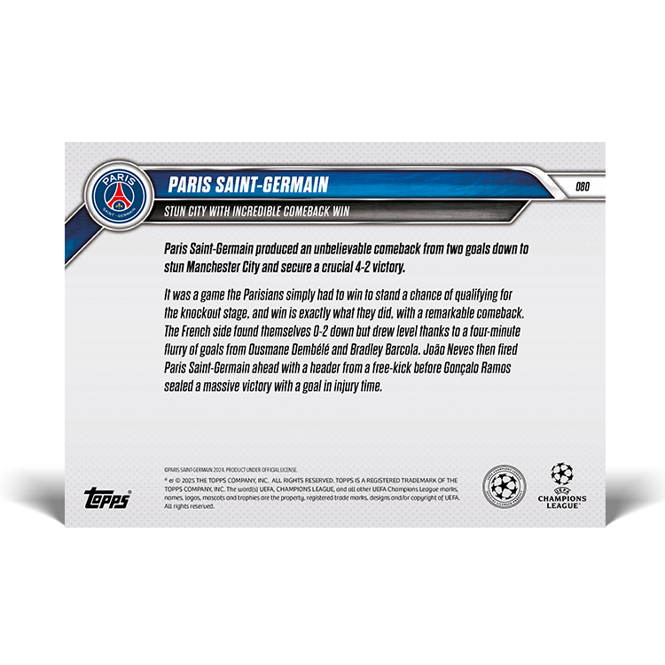 Paris Saint-Germain - Stun City with incredible comeback win - 24/25 UCL Topps NOW Card 80 - PR: 68 - Image 5