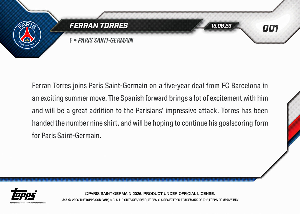 Ferran Torres - 2026-27 Paris Saint-Germain Topps NOW - Card 1 - PR: 1091 - Image 6