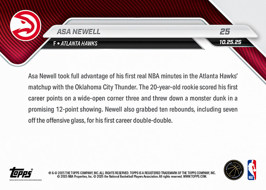Asa Newell - 2025-26 NBA Topps NOW - Card 25 - PR: 419 - Image 2