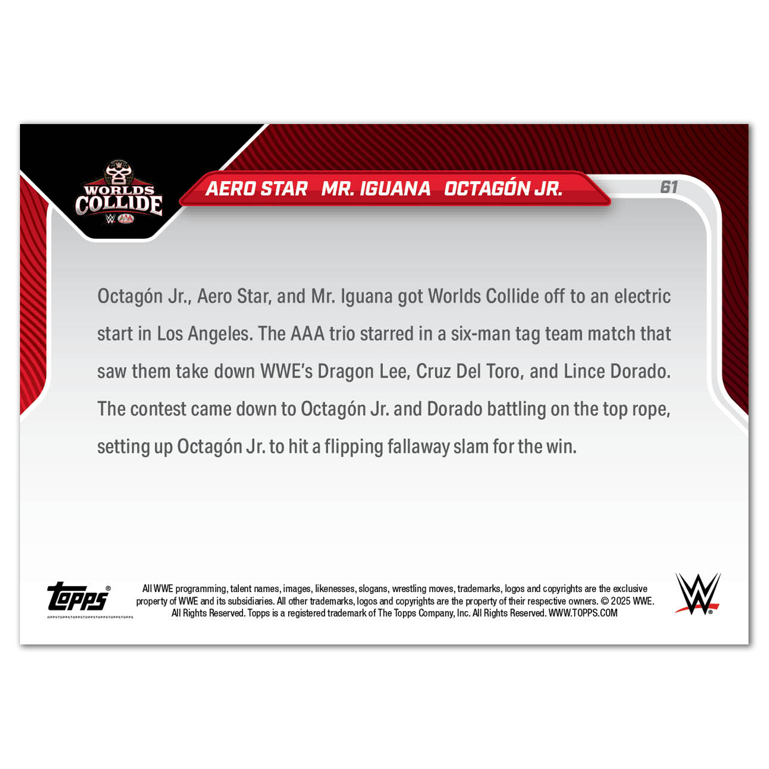 Alternative view of Aero Star/Mr. Iguana/Octagón Jr. - 2025 WWE Topps NOW - Card 61 - PR: 2964