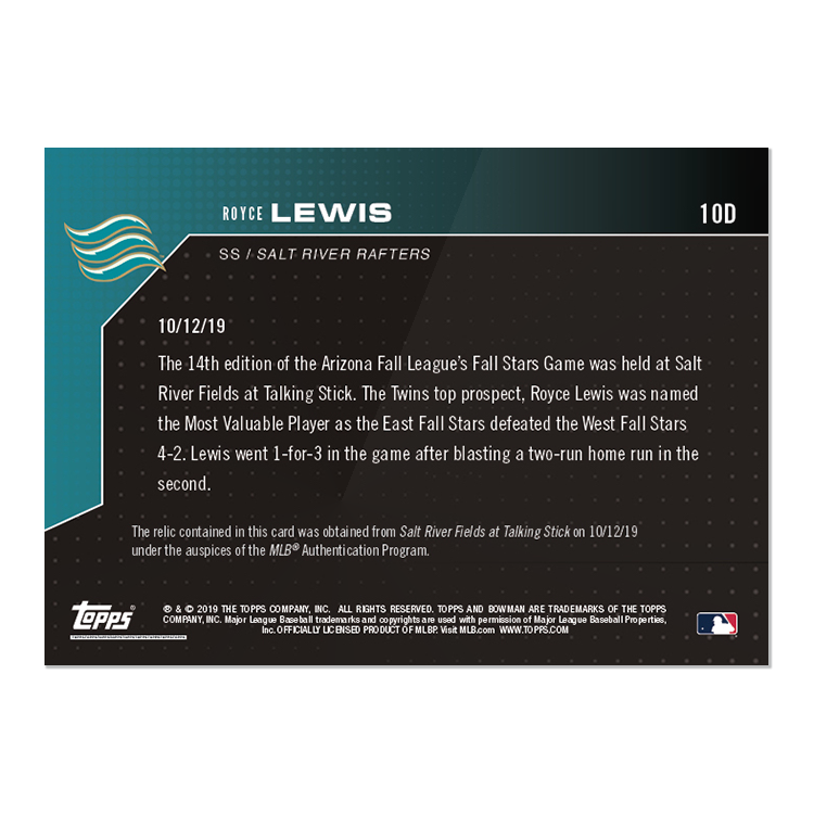 Game-Used Base Relic # to 10 - Royce Lewis - Bowman NEXT TOPPS NOW Card 10D - Image 2