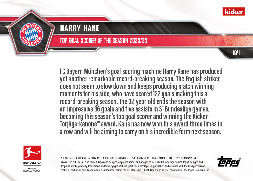 Harry Kane - 2025-26 Bundesliga Topps NOW - Card 194 - PR: 3247 - Image 7