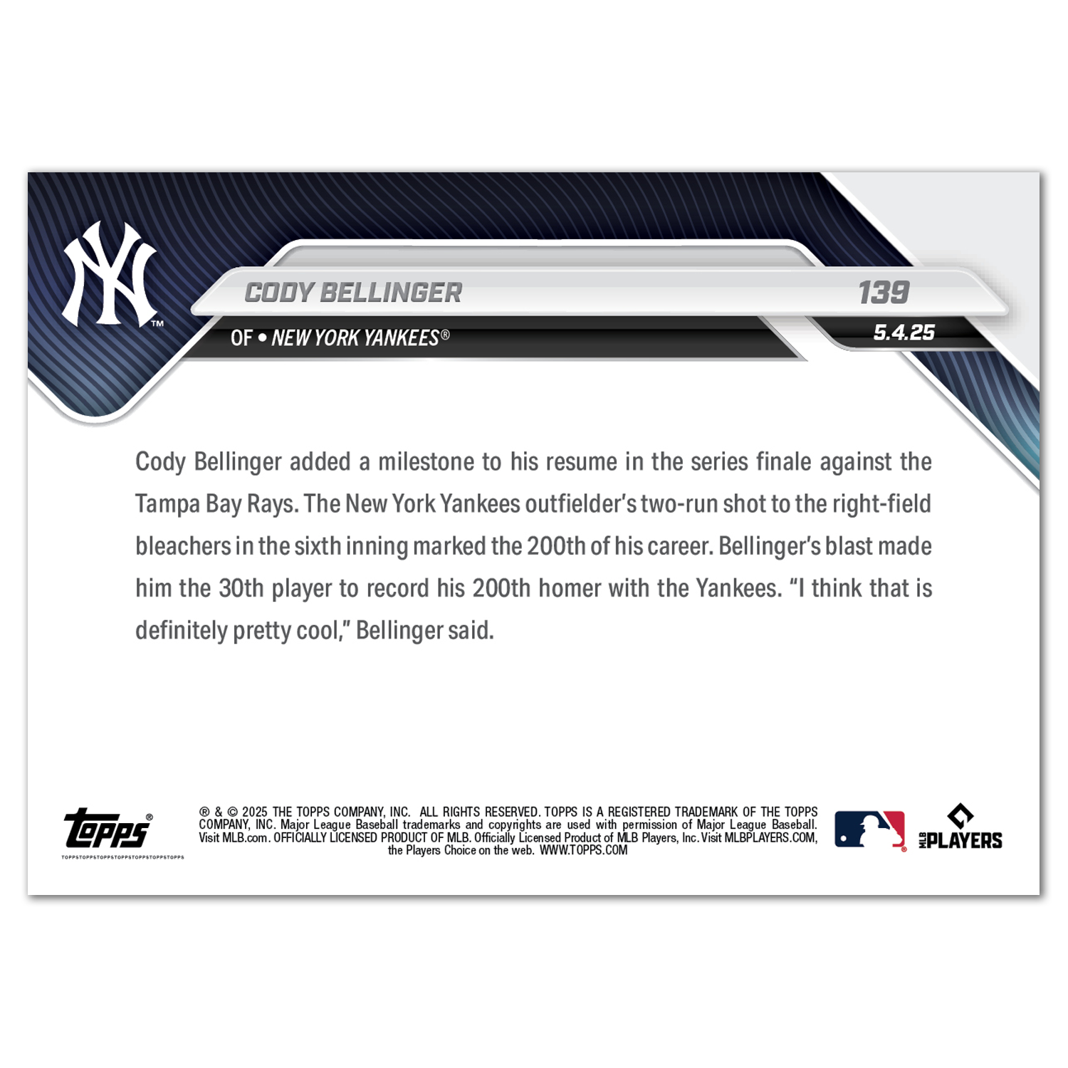 Cody Bellinger - 2025 MLB Topps NOW - Card 139 - PR: 593 - Image 2