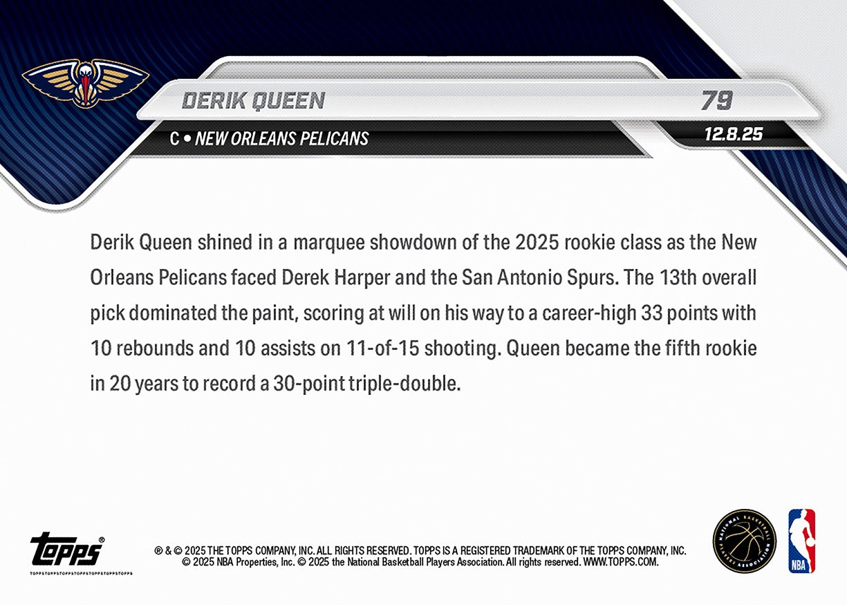 Derik Queen - 2025-26 NBA Topps NOW - Card 79 - PR: 2564 - Image 3