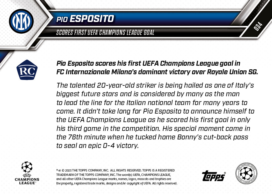 Pio Esposito - 2025-26 UCL Topps NOW - Card 34 - PR: 958 - Image 7