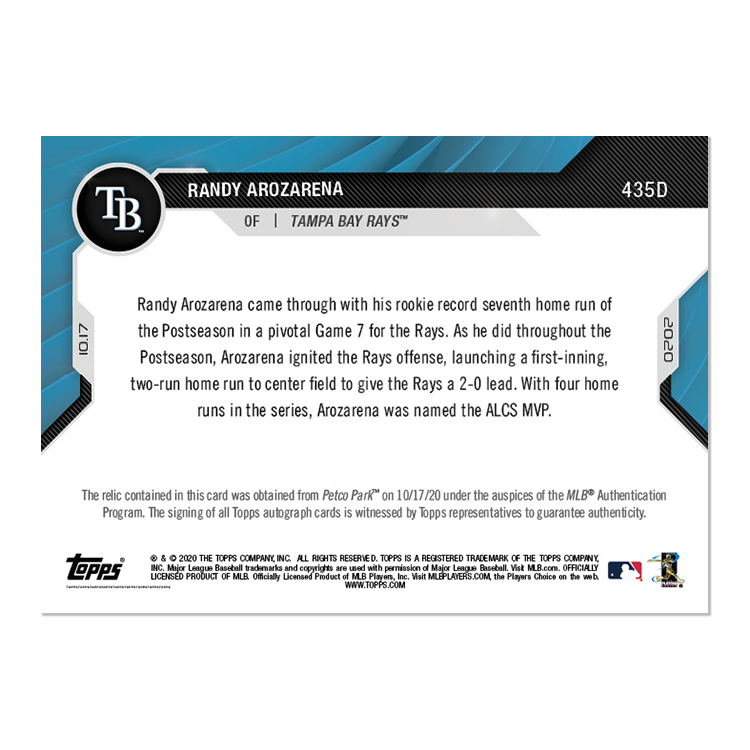 On-Card Auto-Relic # to 5 - Randy Arozarena - MLB TOPPS NOW Card 435D - Image 2