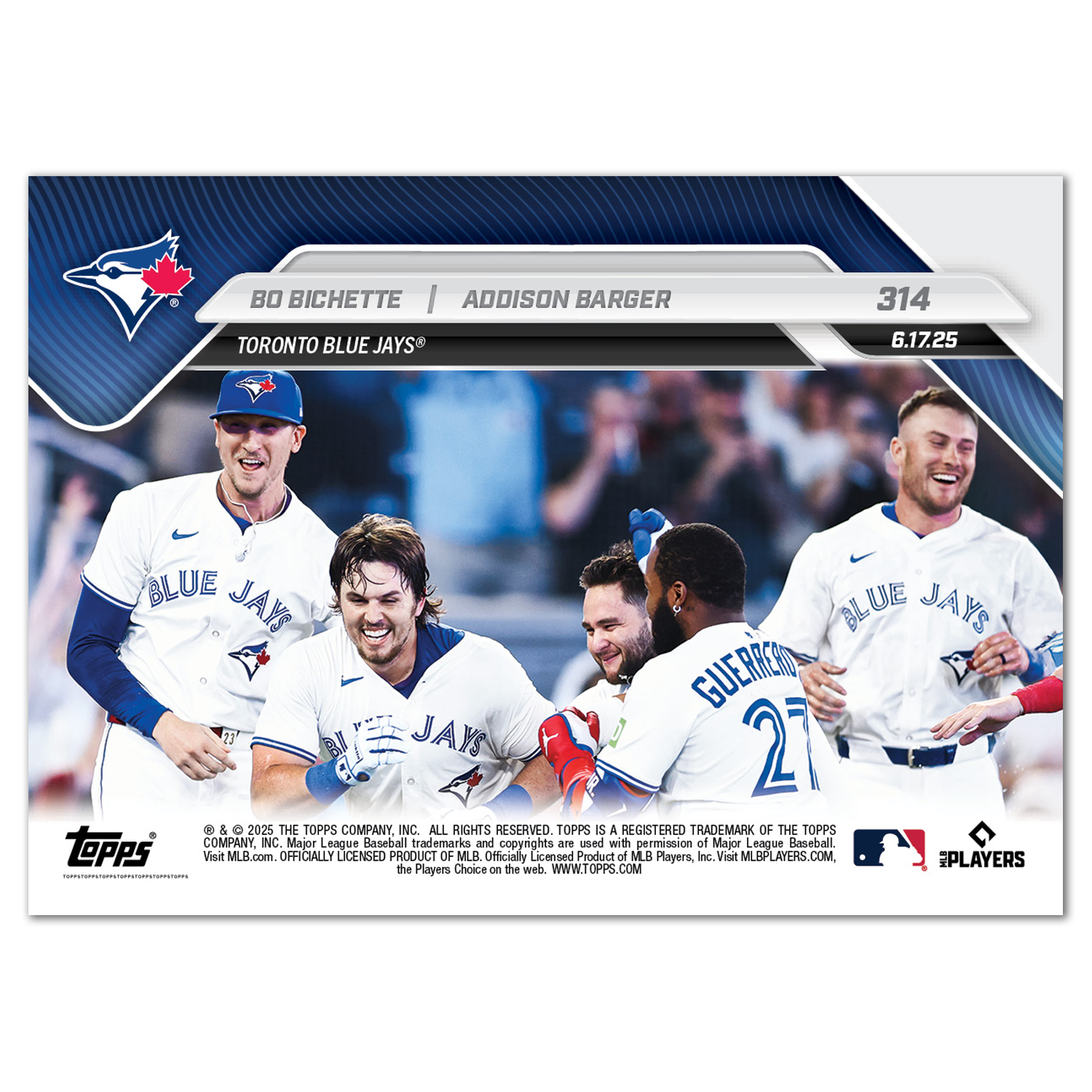 Bo Bichette / Addison Barger - 2025 MLB Topps NOW - Card 314 - PR: 439 - Image 2