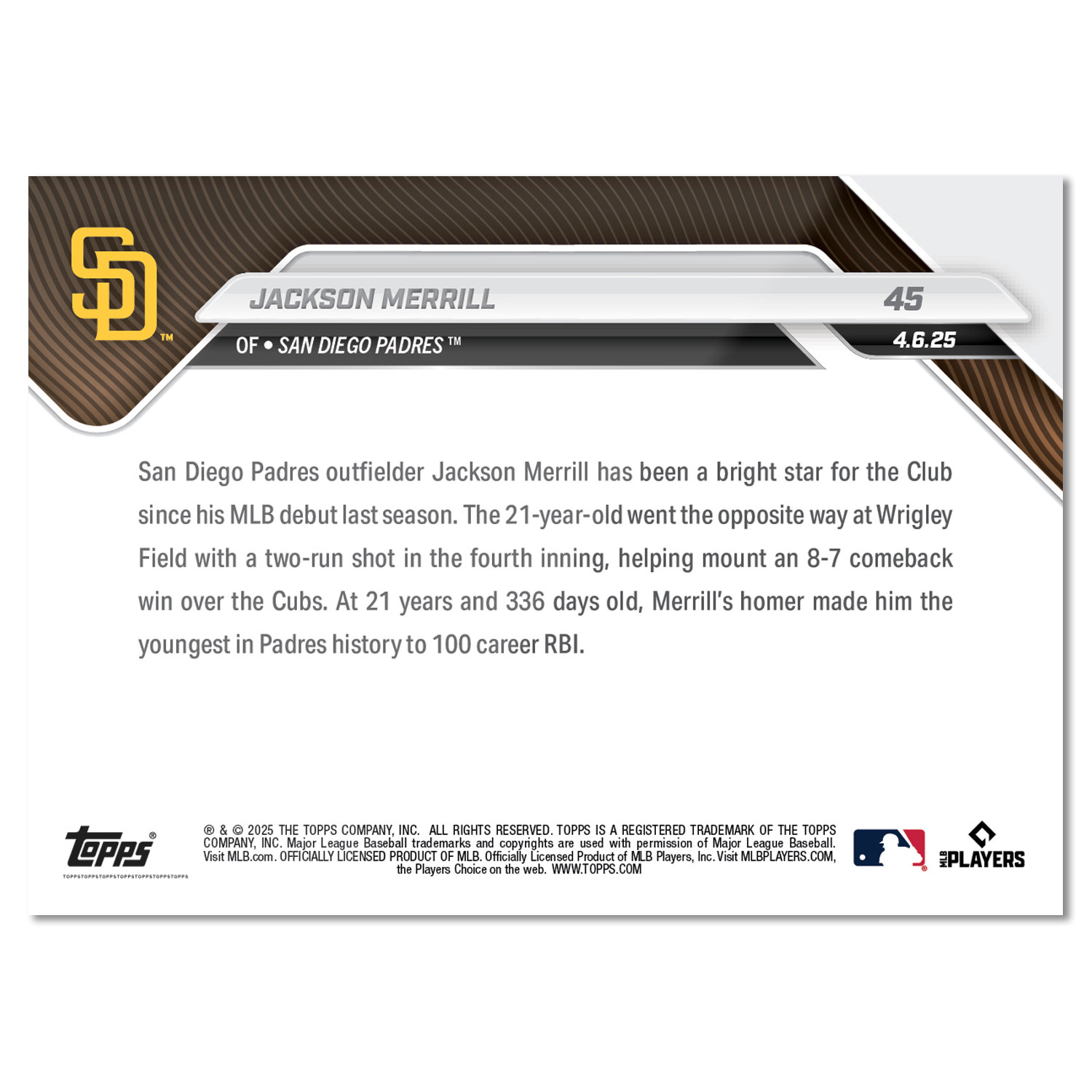 Jackson Merrill - 2025 MLB Topps NOW - Card 45- PR: 1074 - Image 2