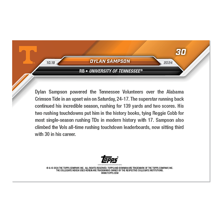 Dylan Sampson - 2024 Bowman U NOW Football Card 30 - PR: 961 - Image 2