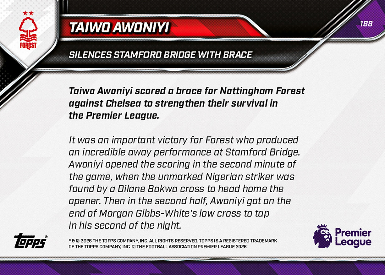 Taiwo Awoniyi - 2025-26 Premier League Topps NOW - Card 188 - PR: 132 - Image 7