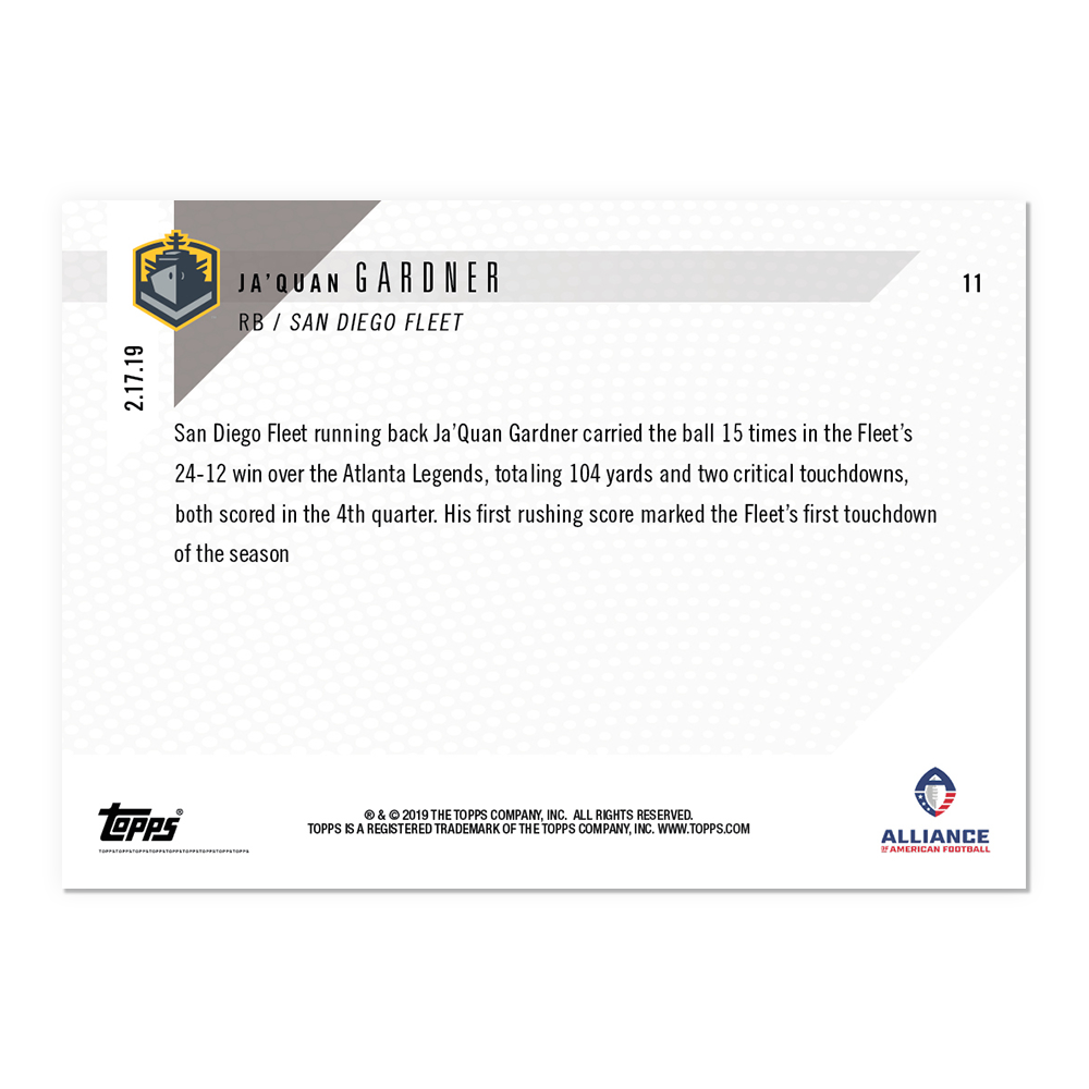 Ja'Quan Gardner - AAF TOPPS NOW Card 11 - Print Run: 281 - Image 2