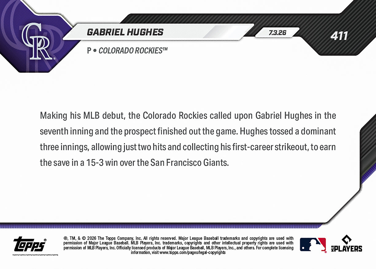 Gabriel Hughes - 2026 MLB Topps NOW - Card 411 - PR: 423 - Image 2