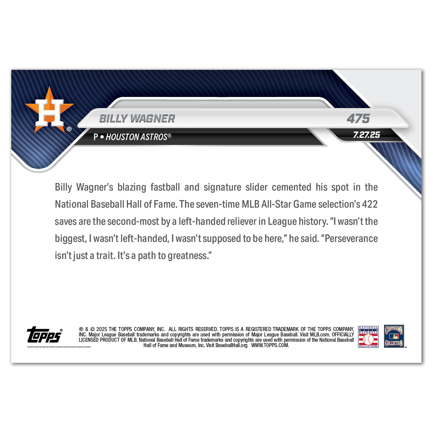Billy Wagner - 2025 MLB Topps NOW - Card 475 - LOOK FOR AUTOS - PR: 1194 - Image 3