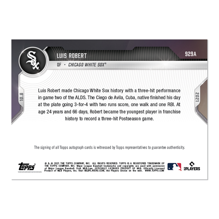 On-Card Auto # to 99 - Luis Robert - 2021 MLB TOPPS NOW Card 929A - Image 2