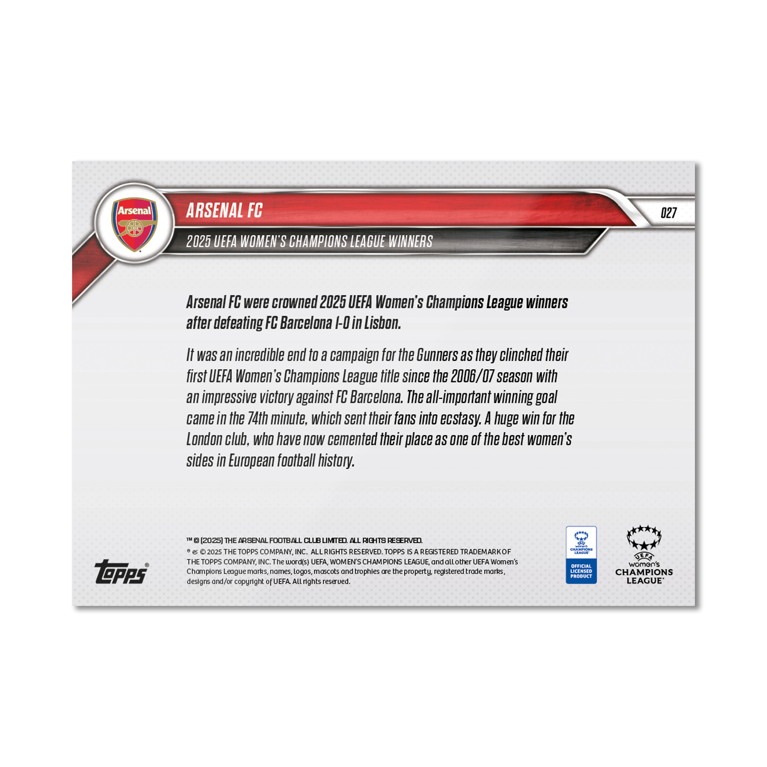 Arsenal FC - 2024-25 UWCL Topps NOW - Card 27 - PR: 1586 - Image 7