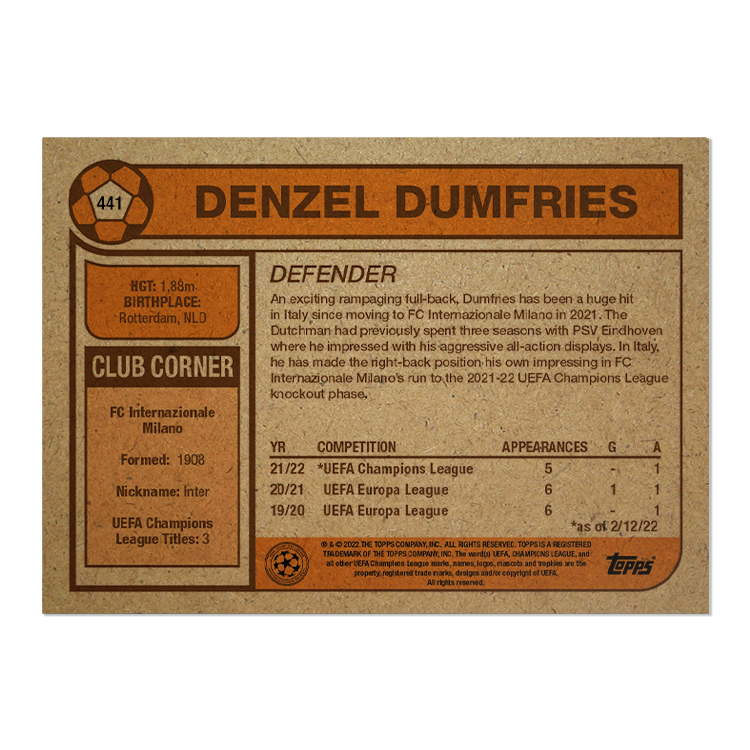Alternative view of Topps UCL Living Set Card #441 - Denzel Dumfries - PR: 422