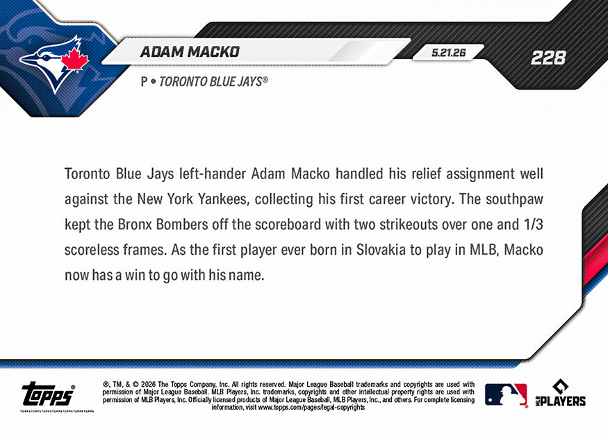 Adam Macko - 2026 MLB Topps NOW - Card 228 - PR: 809 - Image 2