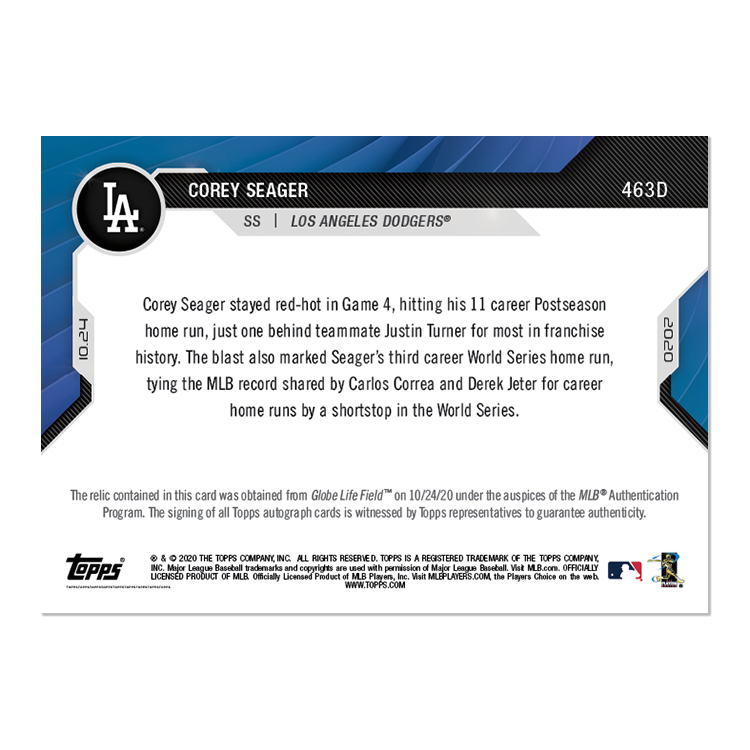 On-Card Auto-Relic # to 1 - Corey Seager - MLB TOPPS NOW Card 463D - Image 2